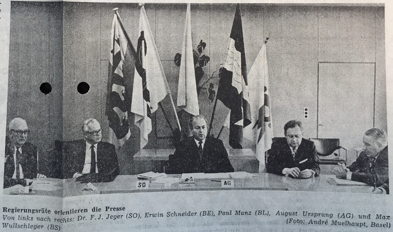 Die Gründer der NWRK während ihrer 2. Sitzung in Liestal. Bild aus der Solothurner Zeitung Nr. 19 vom 24. Januar 1972.
