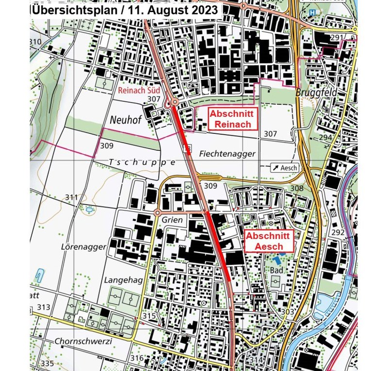 Aesch und Reinach: Hauptstrasse Sanierung Einbau Deckbelag Bild