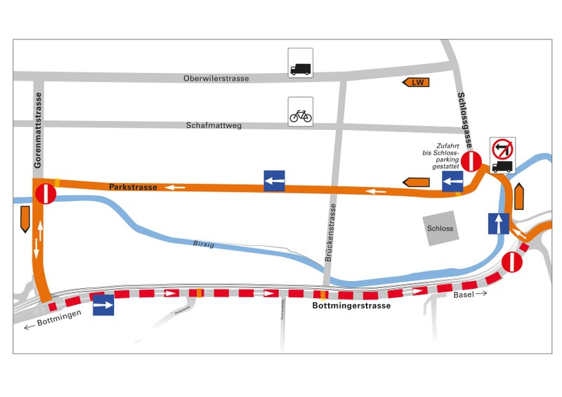 Umfahrungsplan Baustelle Doppelspurausbau Spiesshöfli in Binningen