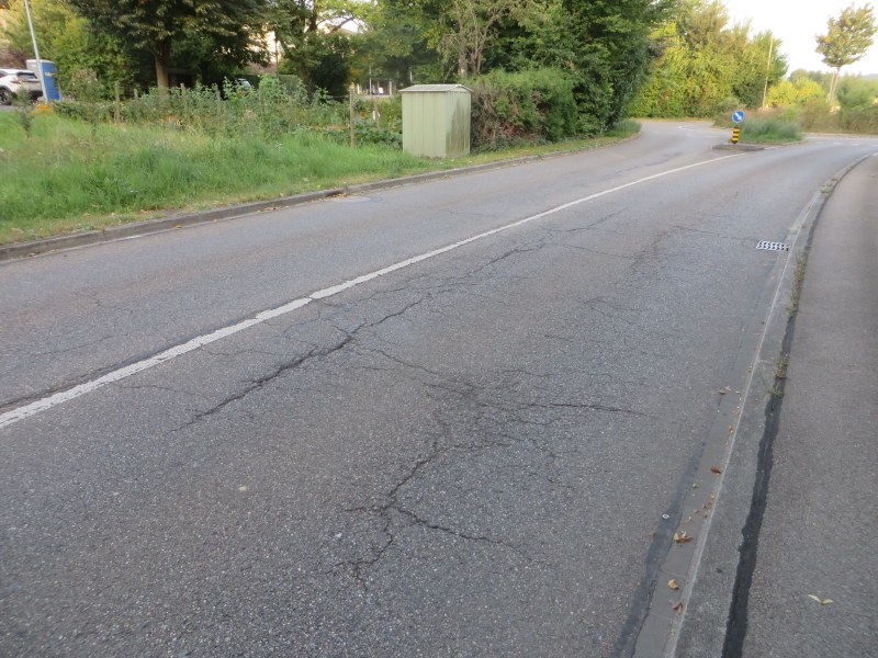 Rissige Asphaltstrasse mit Trottoir und Verkehrsinsel in Therwil, Benkenstrasse, umgeben von Bäumen und Sträuchern
