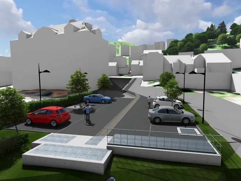 Visualisierung des Platzes in Grellingen mit mehreren geparkten Autos, zwei Personen und umliegenden Gebäuden in Grau