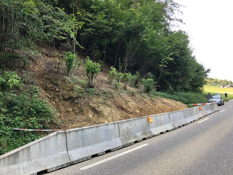 Strasse mit Betonleitplanken neben einem abgerutschten bewaldeten Hang und einem parkierenden weissen Auto im Hintergrund.