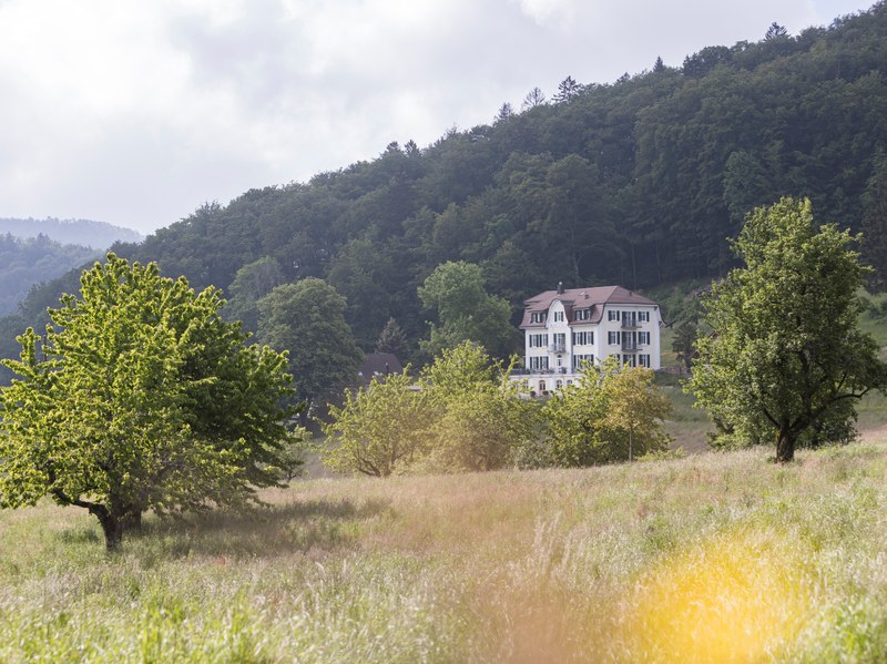 Das Hotelgebäude inmitten von Wiesen und Bäumen