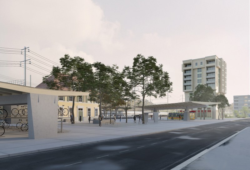 Visualisierung – Blick auf neuen Bahnhofsvorplatz (in Richtung Osten), Studio Gugger