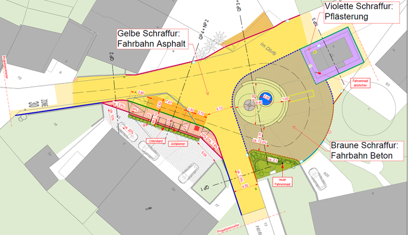 Wo sind Betonbeläge vorgesehen und wo Pflästerungen? Wie werden die beiden Belagsarten voneinander abgegrenzt? Wird die Pflästerung niveaugleich zur Fahrbahn sein oder leicht erhöht?