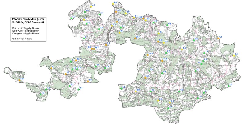 Untersuchungsbefunde PFAS in Baselbieter Oberböden 2023 und 2024