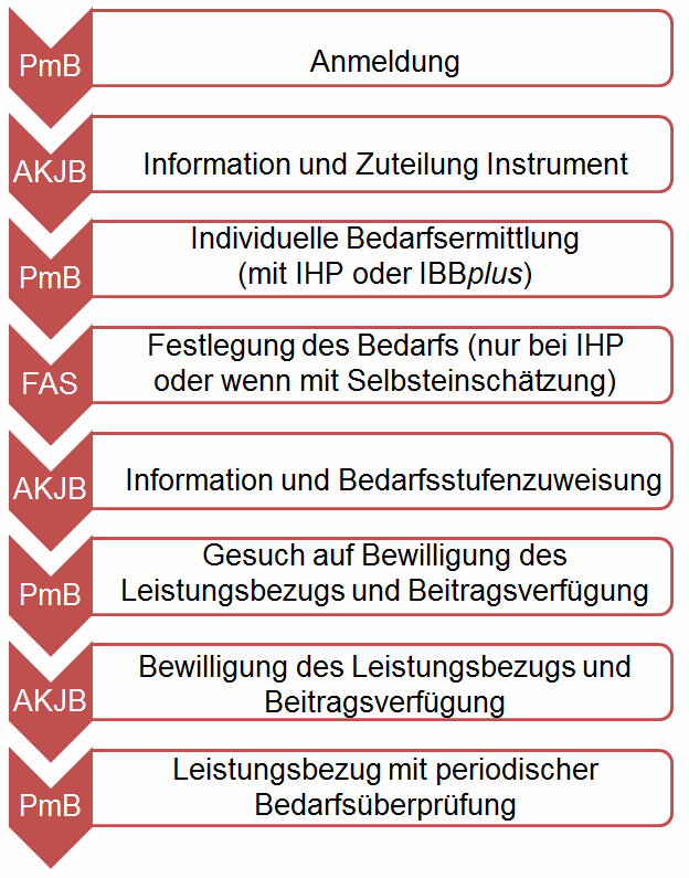 Der Prozess von der Anmeldung bis zum Leistungsbezug beinhaltet die folgenden acht Schritte: 1. Anmeldung (durch Person mit Behinderung); 2. Information und Zuteilung Instrument (durch das AKJB); 3. Individuelle Bedarfsermittlung (mit IHP oder IBBplus) (durch Person mit Behinderung); 4. Festlegung des Bedarfs (nur bei IHP oder wenn mit Selbsteinschätzung); 5. Information und Bedarfsstufenzuweisung (durch AKJB); 6. Gesuch auf Bewilligung des Leistungsbezugs und Beitragsverfügung (durch Person mit Behinderung); 7. Bewilligung des Leistungsbezugs und Beitragsverfügung (durch AKJB); 8. Leistungsbezug mit periodischer Bedarfsüberprüfung (durch Person mit Behinderung).