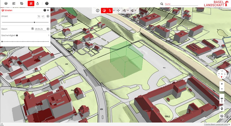 Screenshot vom 3DView BL mit einem grünen eingezeichneten Klotz und dem berechneten Schatten.