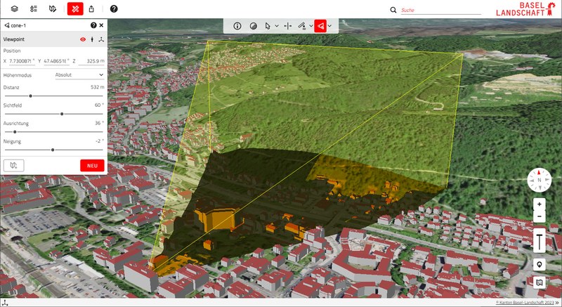 Screenshot vom 3DView BL mit orange aufleuchtenden Häuserflächen, welche von einem gewählten Punkt aus sichtbar sind.