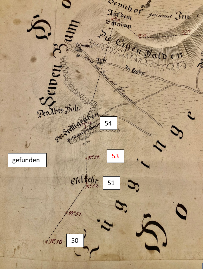 Ein alter Plan mit eingezeichneter Kantonsgrenze. Nachträglich digital eingezeichnet die gefundenen Grenzsteine mit den Nummern 50, 51, 53, 54.
