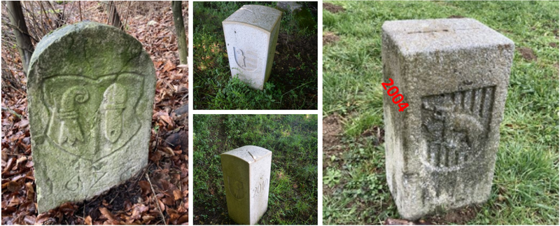 4 Bilder von Grenzsteinen: 1) der Älteste aus 1626, 2) und 3) der Ersten mit JU, 4) der Falsche (Wahlen, seit 1994 in BL)