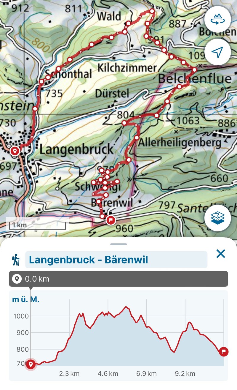 Karte mit eingezeichneter Route und Höhenprofil