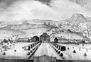 Ansicht von Süden mit der Lindenallee, Aquarell von J.C. Zehender, 1785.