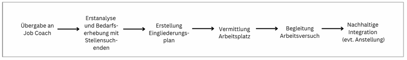 Übergabe an Job Coach - Erstanalyse und Bedarfserhebung mit Stellensuchenden - Erstellung Eingliederungsplan - Vermittlung Arbeitsplatz - Begleitung während Arbeitsversuch - Nachhaltige Integration (Evtl. Anstellung)
