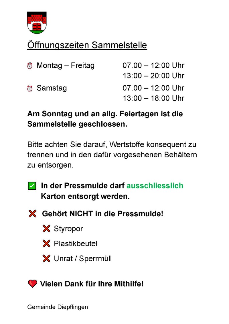 Hinweis zur Sammelstelle